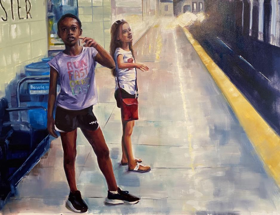 Painting of two children standing on a platform to the subway, artwork by Corynn Kokolakis