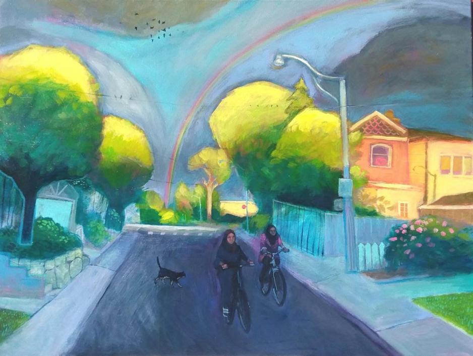Painting of two people riding their bikes on a road in a neighbourhood and a cat runs behind them, artwork by Daphne McCormack