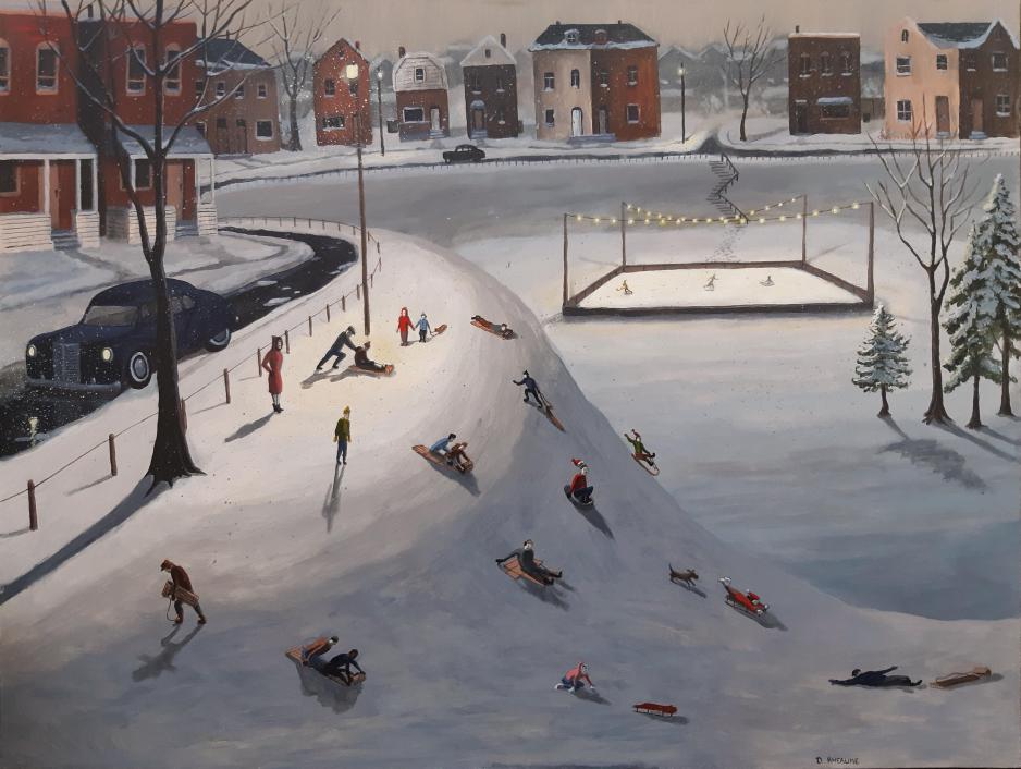 People playing on a snowy hill with toboggans, artwork by Dave Rheaume