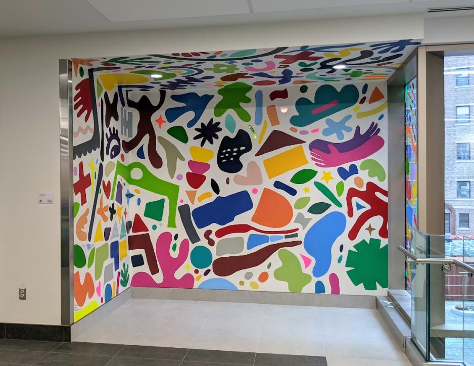 Paint mural of various colours and shapes on the second floor of the Thomson Centre, artwork by Elise Goodhoofd