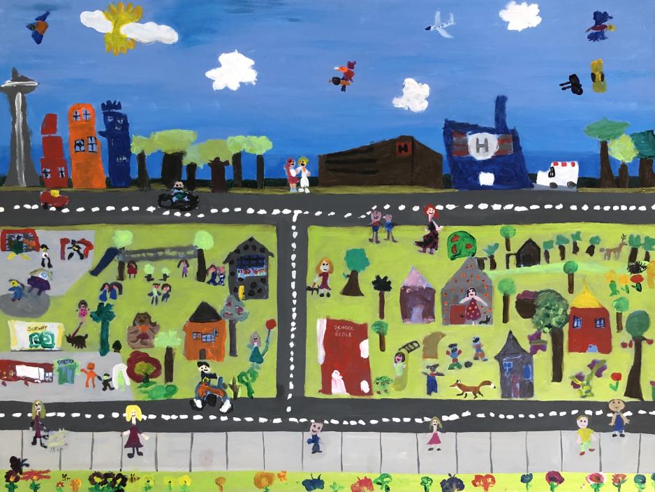 Painting of Toronto community by grade 1 & 2 students of Early Beatty