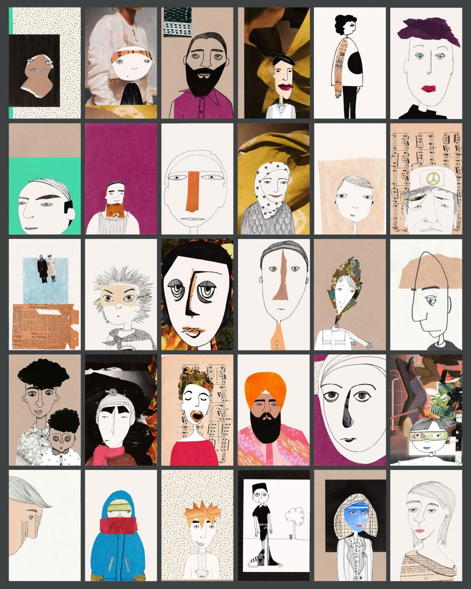 Artwork of 30 portraits creating one canvas, art piece by Heather Corbin