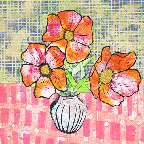 Flower vase arrangement on a red checkered table and green background made of stencils and printing, artwork by Jennifer Akkermins