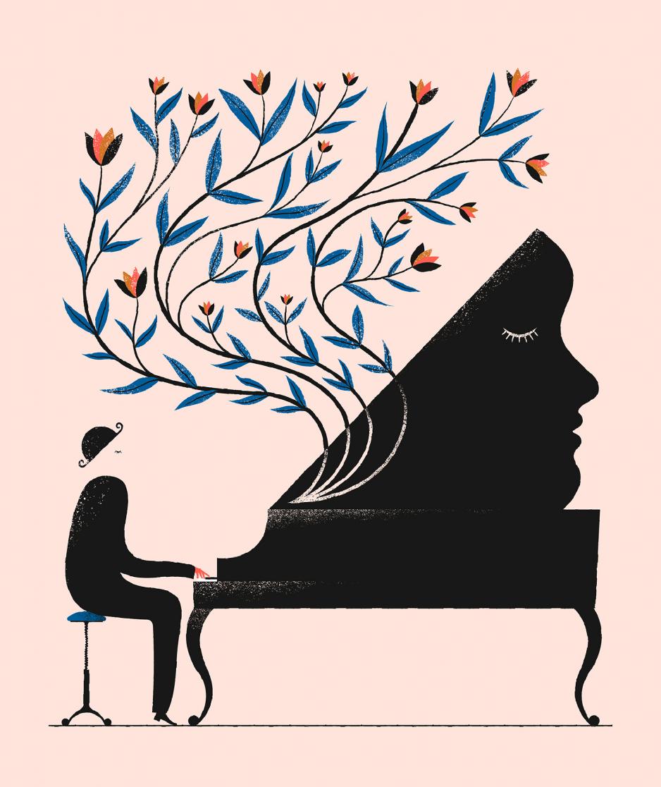 Artwork of someone playing the piano which has a side portrait in it and flowers rising out of the piano, by Karsten Petrat