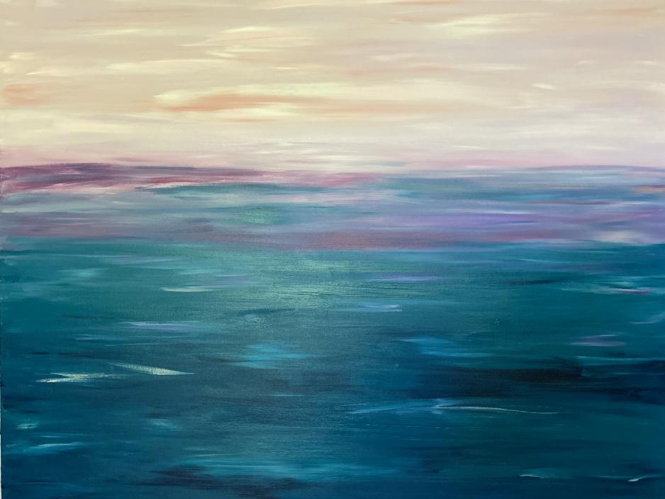 Painting of an ocean with a light yellow sky and dark blue ocean, artwork by Laura Nashman