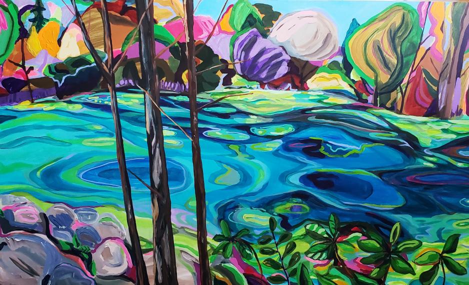 Artwork of colourful paints and strong strokes creating a river and forest scene, artwork by Lisa Litowitz