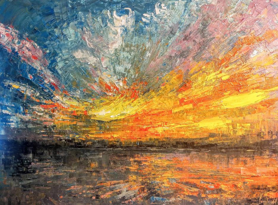 acrylic painting of orange, blue and black colours to create a sunset artwork, by Lori Dell