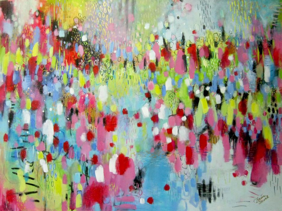 Paint drops of red, green and pink colours on a canvas symbolizing destress and calming anxieties