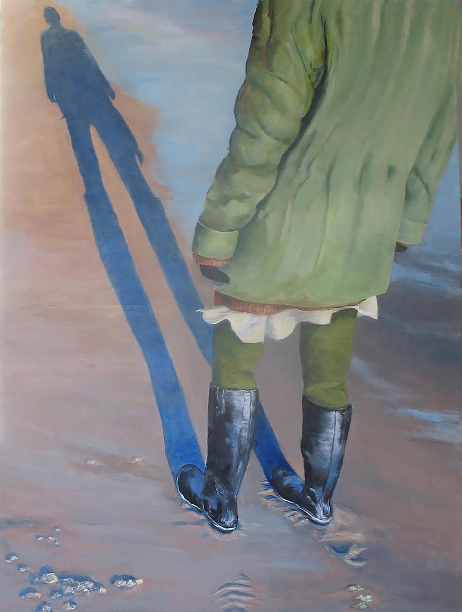 Painting of someone standing on a sidewalk and staring down at their shadow.