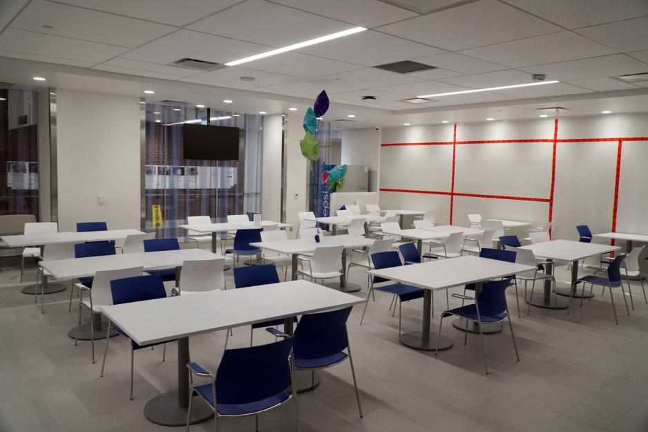 Inside shot of the seating area in the new Moez and Kassam food court in the Ken and Marilyn Thomson Patient Care Centre.