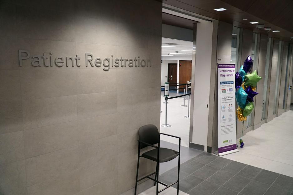 Outside shot of the central Patient Registration area in the Ken and Marilyn Thomson Patient Care Centre.