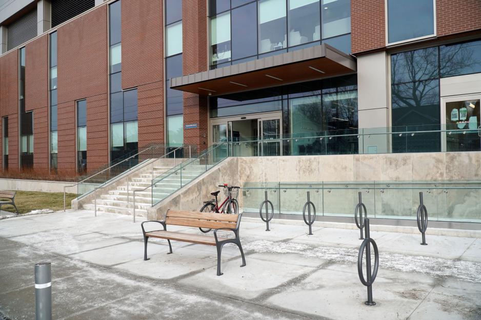 Exterior shot of the Sammon Avenue entrance to the Ken and Marilyn Thomson Patient Care Centre at Michael Garron Hospital