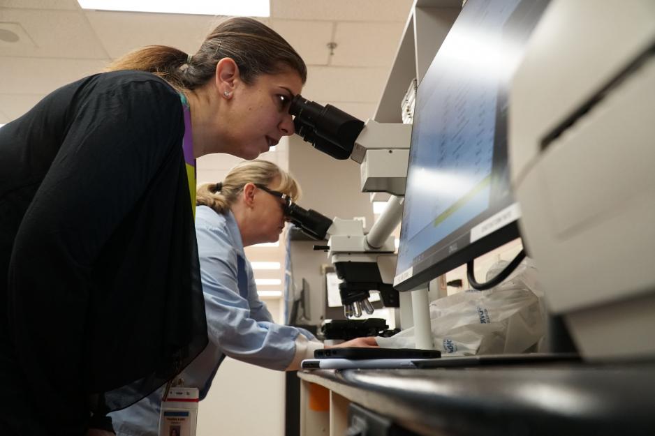 Melanie looking through microscope.