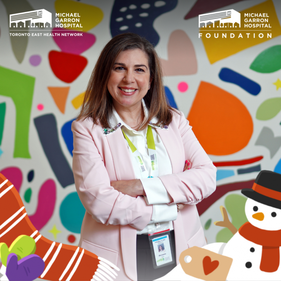 Melanie Kohn smiling in front of colourful background