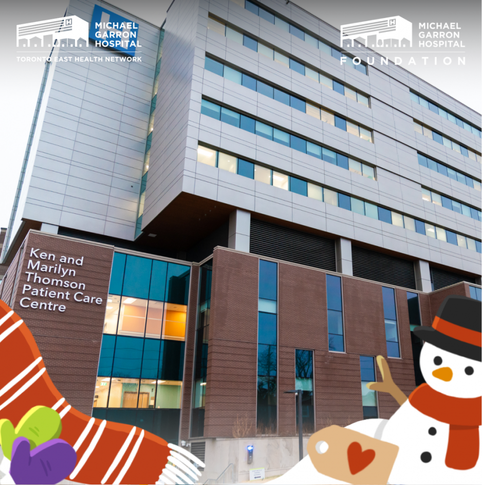 The exterior of the Ken and Marilyn Thomson Patient Care Centre with a snowman and scarf graphic at the bottom
