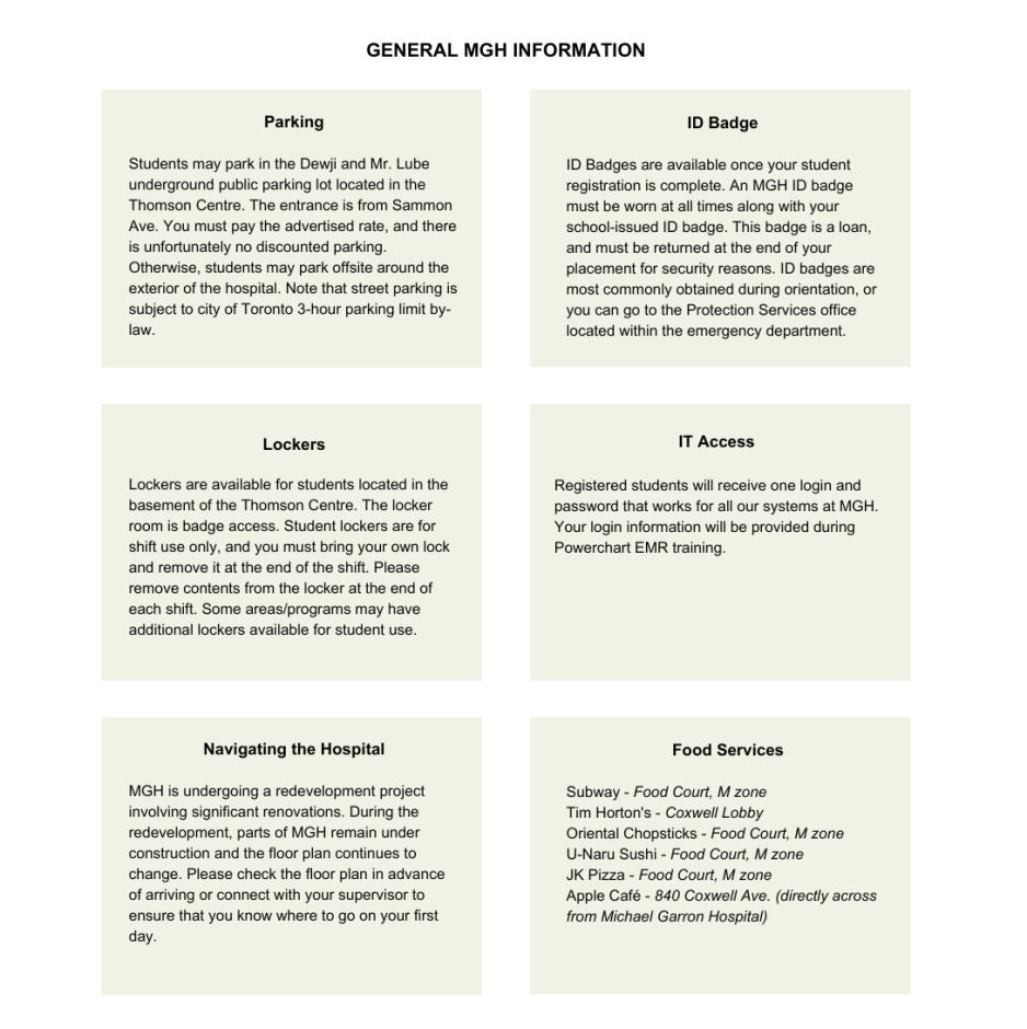 General information about accessing the hospital while in placement.