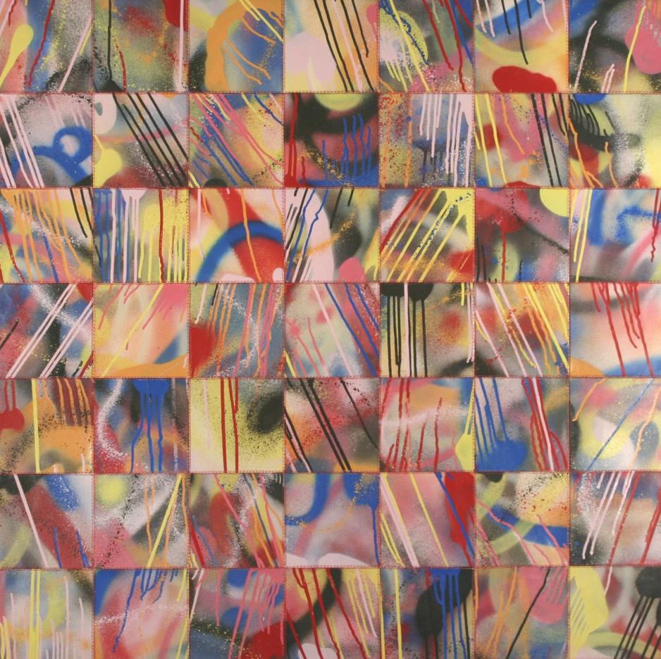 Patchwork of spray paintings on a large canvas.