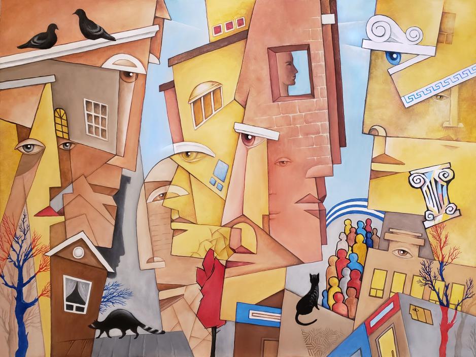 A painting of the local architecture in the artist's neighbourhood.
