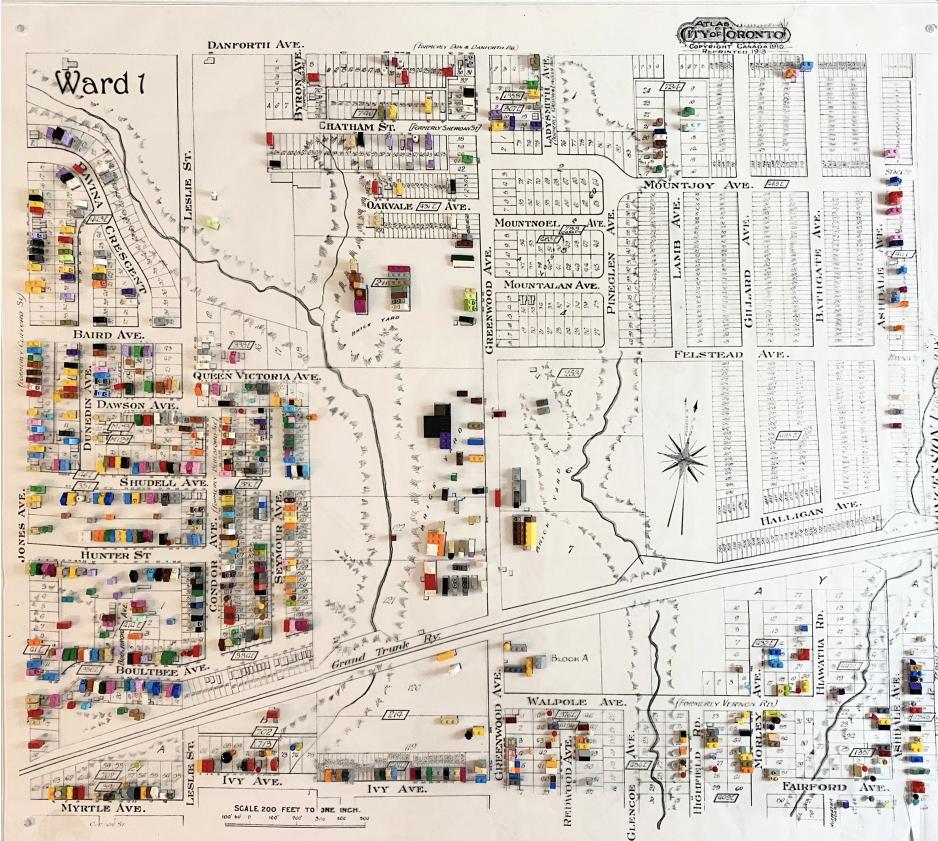 Historical map of Toronto's easy end neighbourhood created with colourful toy blocks.