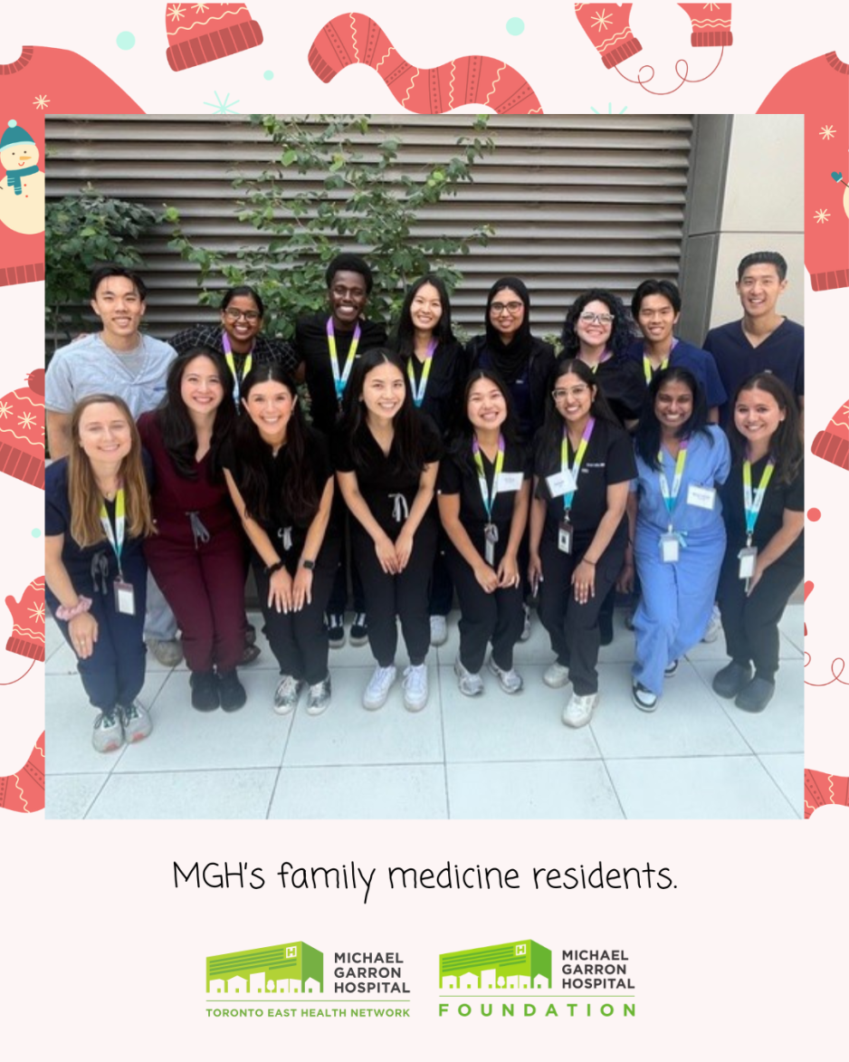 Photo of students standing in front of hospital wall with caption "MGH's family medicine residents"