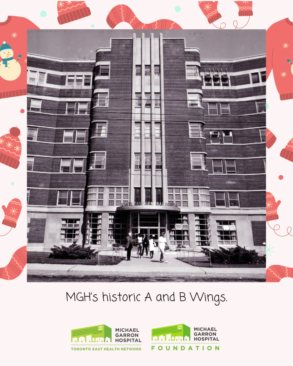 Archival photo of hospital with caption "MGH's historic A and B wings"